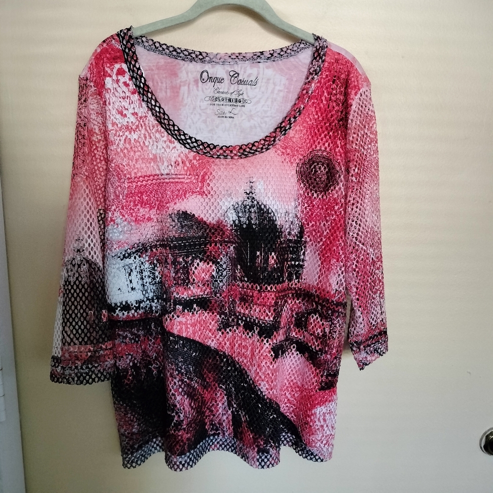 Onque Casuals Graphic Mesh Over Lay Pink Black Top Shirt L Stretch Goth Emo Rock
